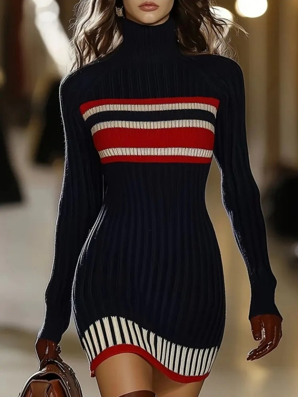 Women'S Striped Turtleneck Long Sleeve Slim Fit Dress